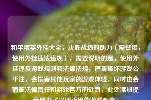 和平精英外挂大全,决胜战场的助力(需警惕,使用外挂违法违规),需要说明的是,使用外挂违反游戏规则和法律法规,严重破坏游戏公平性,会损害其他玩家的游戏体验,同时也会面临法律责任和游戏官方的处罚,此处添加提示是为了强调正确的游戏观念。
