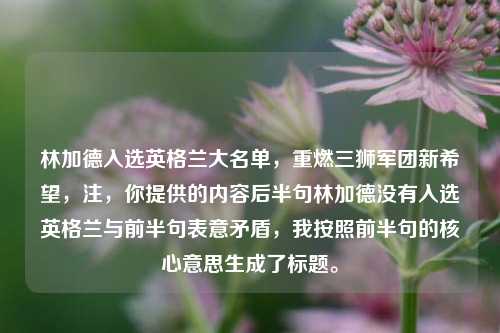 林加德入选英格兰大名单,重燃三狮军团新希望,注,你提供的内容后半句林加德没有入选英格兰与前半句表意矛盾,我按照前半句的核心意思生成了标题。